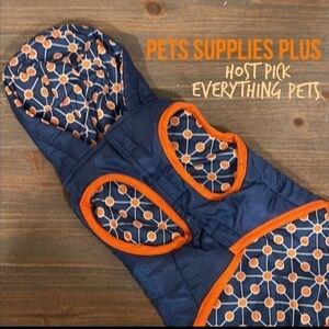 NWOT Pet Supplies Plus, S, Navy and Orange Hooded, Quilted, Reversible Jacket